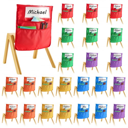Chair Pockets for Classroom, 24 Pack, 14 x 15 Inches Chairback Buddy Pocket with Name Tag, 6 Bright Colors, Back of Chair Organizer for Kids in Classroom, Kindergarten, School, and Home