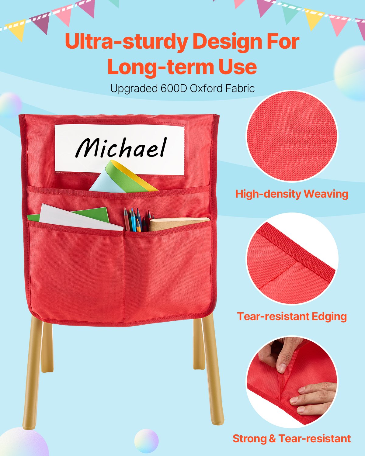 Stolsfickor för klassrum, 24-pack, 18 x 20 tum ryggstödsficka med namnskylt, 6 ljusa färger, organisatör för stolsryggar i klassrum, förskola, skola och hem