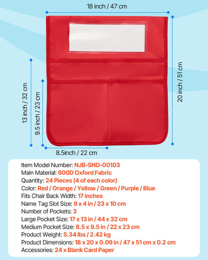 Stolsfickor för klassrum, 24-pack, 18 x 20 tum ryggstödsficka med namnskylt, 6 ljusa färger, organisatör för stolsryggar i klassrum, förskola, skola och hem