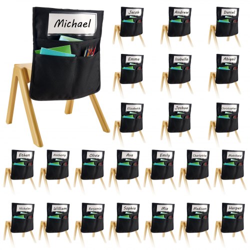 Chair Pockets for Classroom, 24 Pack, 14 x 15 Inches Chairback Buddy Pocket with Name Tag, Back of Chair Organizer for Kids in Classroom, Kindergarten, School, and Home, Black