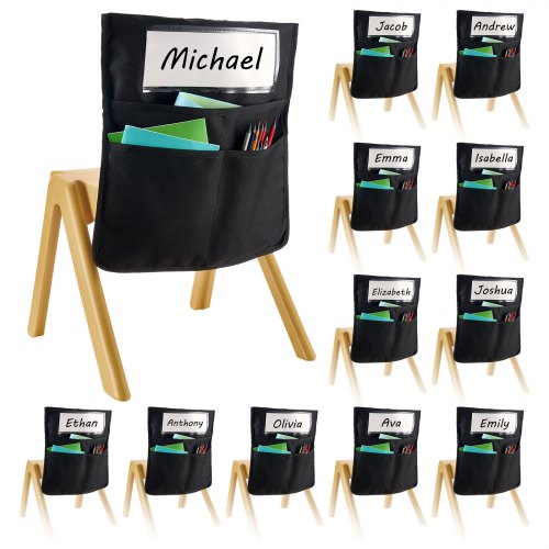 Chair Pockets for Classroom, 12 Pack, 17 x 19 Inches Chairback Buddy Pocket with Name Tag, Back of Chair Organizer for Kids in Classroom, Kindergarten, School, and Home, Black