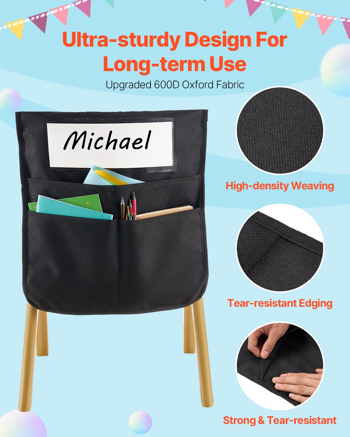 Chair Pockets for Classroom, 12 Pack, 18 x 20 Inches Chairback Buddy Pocket with Name Tag, Back of Chair Organizer for Kids in Classroom, Kindergarten, School, and Home, Black