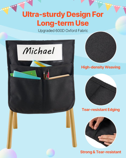Chair Pockets for Classroom, 12 Pack, 18 x 20 Inches Chairback Buddy Pocket with Name Tag, Back of Chair Organizer for Kids in Classroom, Kindergarten, School, and Home, Black