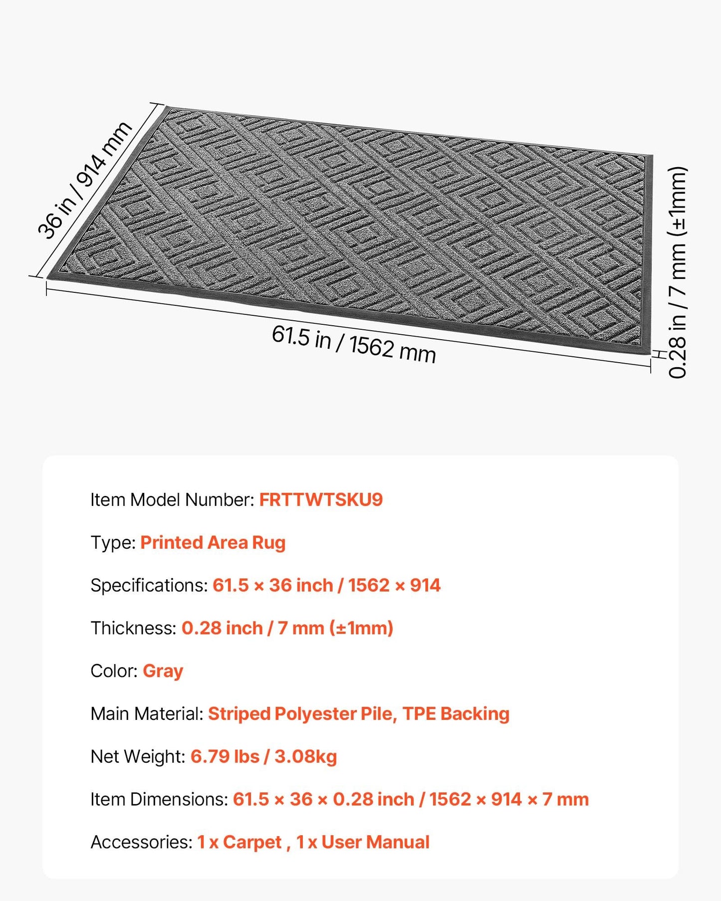 Front Door Mat, 1562 x 914 mm Commercial Floor Mat for Indoor and Outdoor, Modern Stylish Carpet with TPE Backing, Heavy Duty Washable Entry Industrial Rug for Hallway, Balcony, Garage, Grey