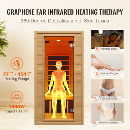 Far Infrared Wooden Sauna, Room Home Sauna Spa for 1 to 2 Person, Low EMF Far Infrared Hemlock Wood Sauna with Tempered Glass Door & Multicolor Lamp & Bluetooth Speakers & Chromotherapy Lights,