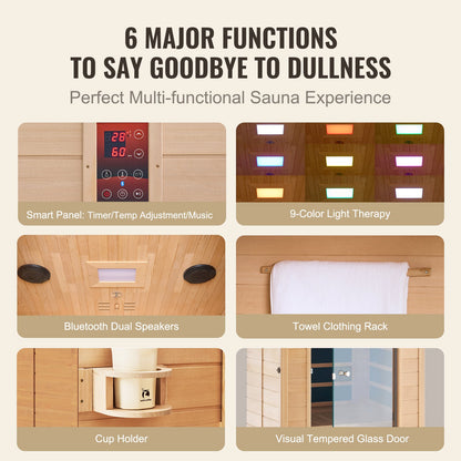 Far Infrared Wooden Sauna, Room Home Sauna Spa for 1 to 2 Person, Low EMF Far Infrared Hemlock Wood Sauna with Tempered Glass Door & Multicolor Lamp & Bluetooth Speakers & Chromotherapy Lights,