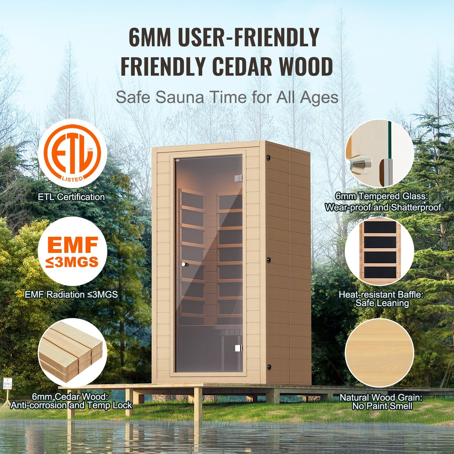 Far Infrared Wooden Sauna, Room Home Sauna Spa for 1 to 2 Person, Low EMF Far Infrared Hemlock Wood Sauna with Tempered Glass Door & Multicolor Lamp & Bluetooth Speakers & Chromotherapy Lights,
