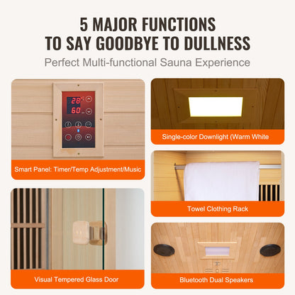 Far Infrared Wooden Sauna, Room Home Sauna Spa for One Single Person, Low EMF Far Infrared Hemlock Wood Sauna with Tempered Glass Door & LED Reading Lamp & Bluetooth Speakers, 1140W Indoor Use