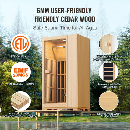 Far Infrared Wooden Sauna, Room Home Sauna Spa for One Single Person, Low EMF Far Infrared Hemlock Wood Sauna with Tempered Glass Door & LED Reading Lamp & Bluetooth Speakers, 1140W Indoor Use