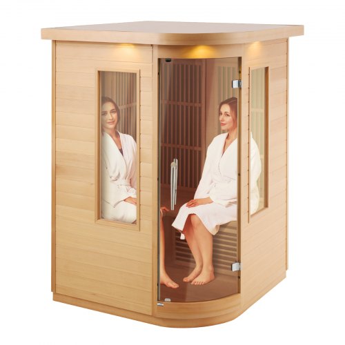 Far Infrared Wooden Sauna, Room Home Sauna Spa for 2 Person, Low EMF Far Infrared Hemlock Wood Sauna with Tempered Glass Door & LED Multicolor Lamp & Bluetooth Speakers, 1850W Indoor Use