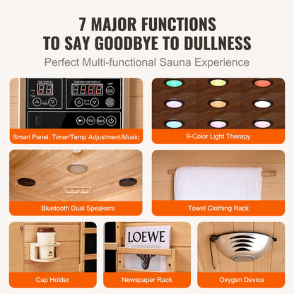 Fjärrinfraröd träbastu, hemmabastu för 2 personer, låg-EMF-fjärrinfraröd Hemlock-träbastu med härdad glasdörr och LED-lampa i flerfärgad färg och Bluetooth-högtalare, 1850W inomhusbruk