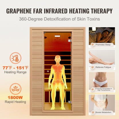 Far Infrared Wooden Sauna, Room Home Sauna Spa for 2 Person, Low EMF Far Infrared Hemlock Wood Saunas with Tempered Glass Door & 2 Bluetooth Speakers, 1800W Indoor Use