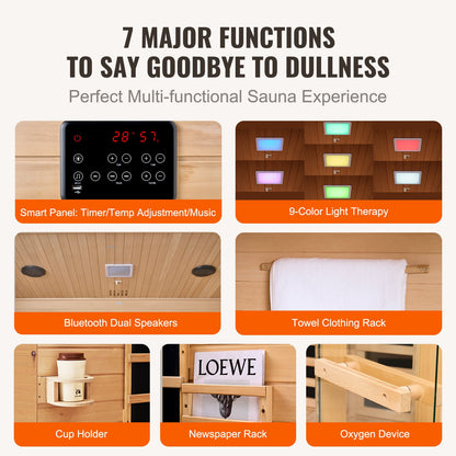 Far Infrared Wooden Sauna, Room Home Sauna Spa for 3 to 4 Person, Low EMF Far Infrared Hemlock Wood Sauna with Tempered Glass Door & Bluetooth Speakers & Chromotherapy Lights, 2470W Indoor