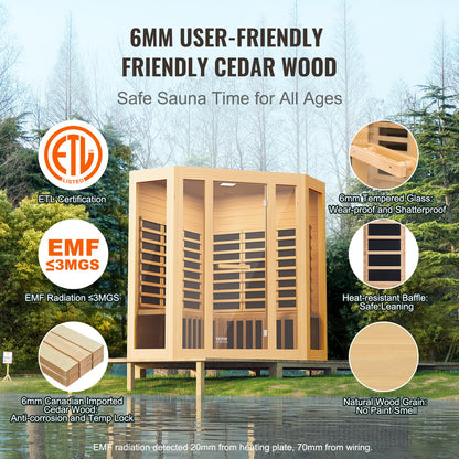 Far Infrared Wooden Sauna, Room Home Sauna Spa for 3 to 4 Person, Low EMF Far Infrared Hemlock Wood Sauna with Tempered Glass Door & Bluetooth Speakers & Chromotherapy Lights, 2470W Indoor