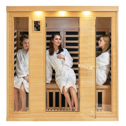 Far Infrared Wooden Sauna, Room Home Sauna Spa for 3 to 4 Person, Low EMF Far Infrared Hemlock Wood Sauna with Tempered Glass Door & Bluetooth Speakers & Chromotherapy Lights, 2580W Indoor