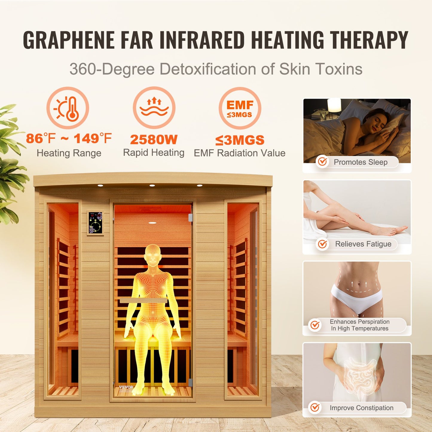 Far Infrared Wooden Sauna, Room Home Sauna Spa for 3 to 4 Person, Low EMF Far Infrared Hemlock Wood Sauna with Tempered Glass Door & Bluetooth Speakers & Chromotherapy Lights, 2580W Indoor