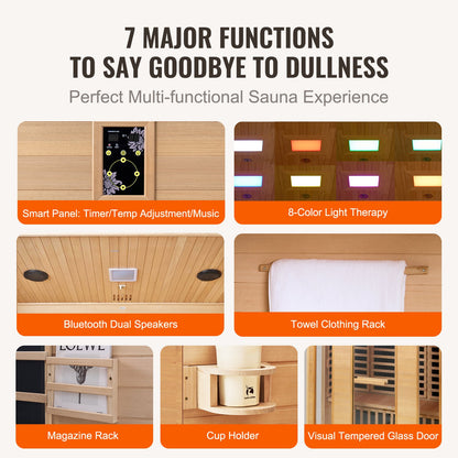 Far Infrared Wooden Sauna, Room Home Sauna Spa for 3 to 4 Person, Low EMF Far Infrared Hemlock Wood Sauna with Tempered Glass Door & Bluetooth Speakers & Chromotherapy Lights, 2580W Indoor