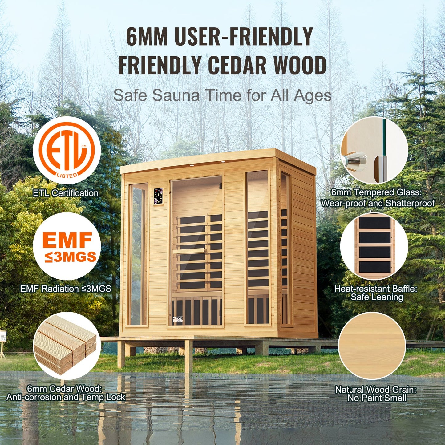 Far Infrared Wooden Sauna, Room Home Sauna Spa for 3 to 4 Person, Low EMF Far Infrared Hemlock Wood Sauna with Tempered Glass Door & Bluetooth Speakers & Chromotherapy Lights, 2580W Indoor