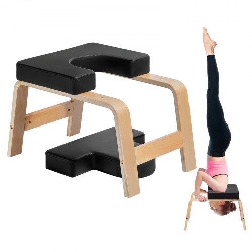 Yoga Headstand Bench, 300 lbs Capacity Yoga Inversion Chair for Family Gym, Headstand Trainer with Wood Frame & PU Pad, Stand Yoga Stool for Strength Balance Training, Relieve Fatigue, Black