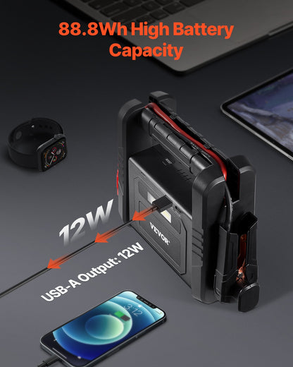 Hjälpstartare, 4000A Peak, Bilbatteristartpaket, Bärbar batteribooster med startkablar, LED-lampa, 88,8 Wh litiumbatteri för alla bensin-/upp till 10 liters dieselmotorer