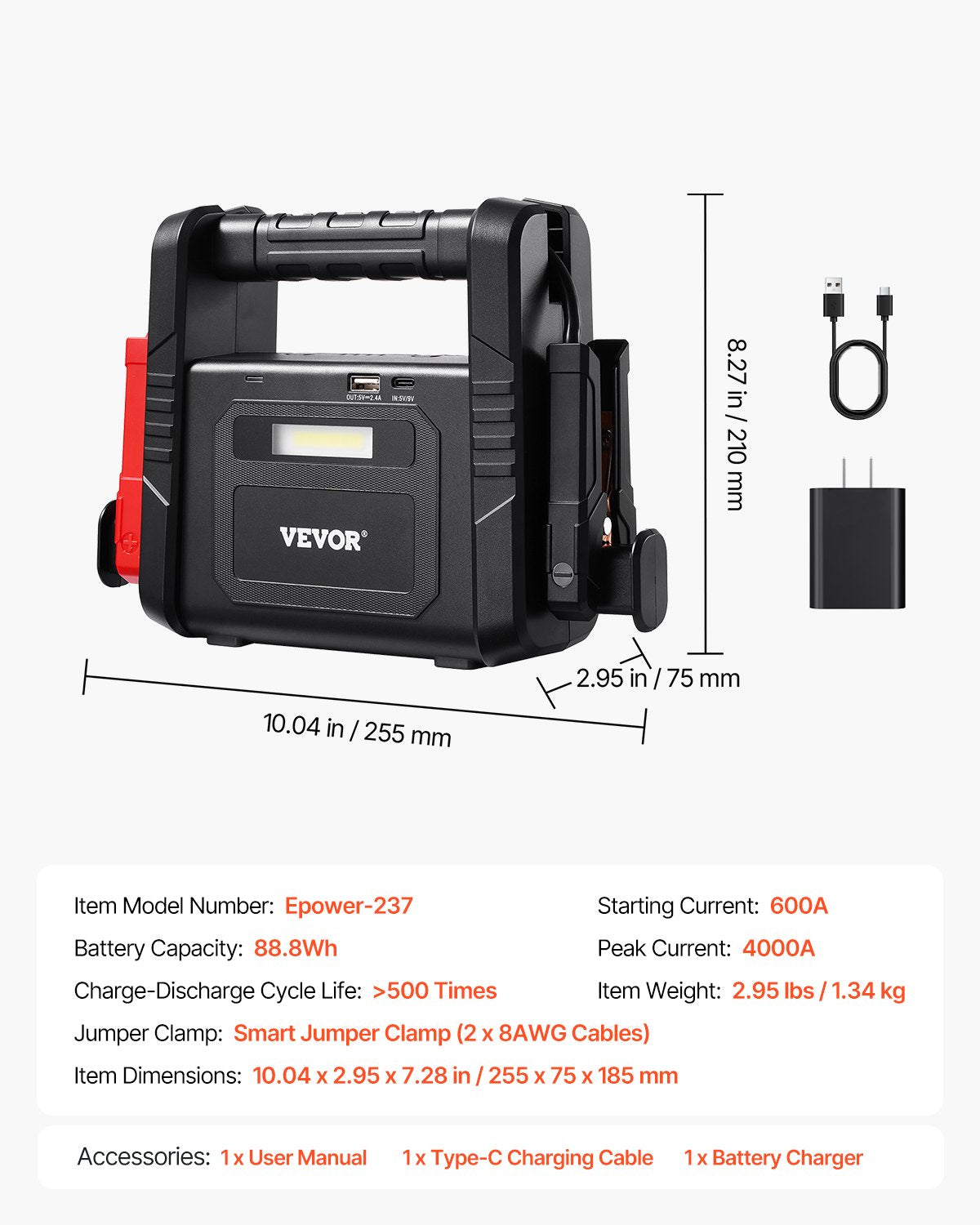 Hjälpstartare, 4000A Peak, Bilbatteristartpaket, Bärbar batteribooster med startkablar, LED-lampa, 88,8 Wh litiumbatteri för alla bensin-/upp till 10 liters dieselmotorer