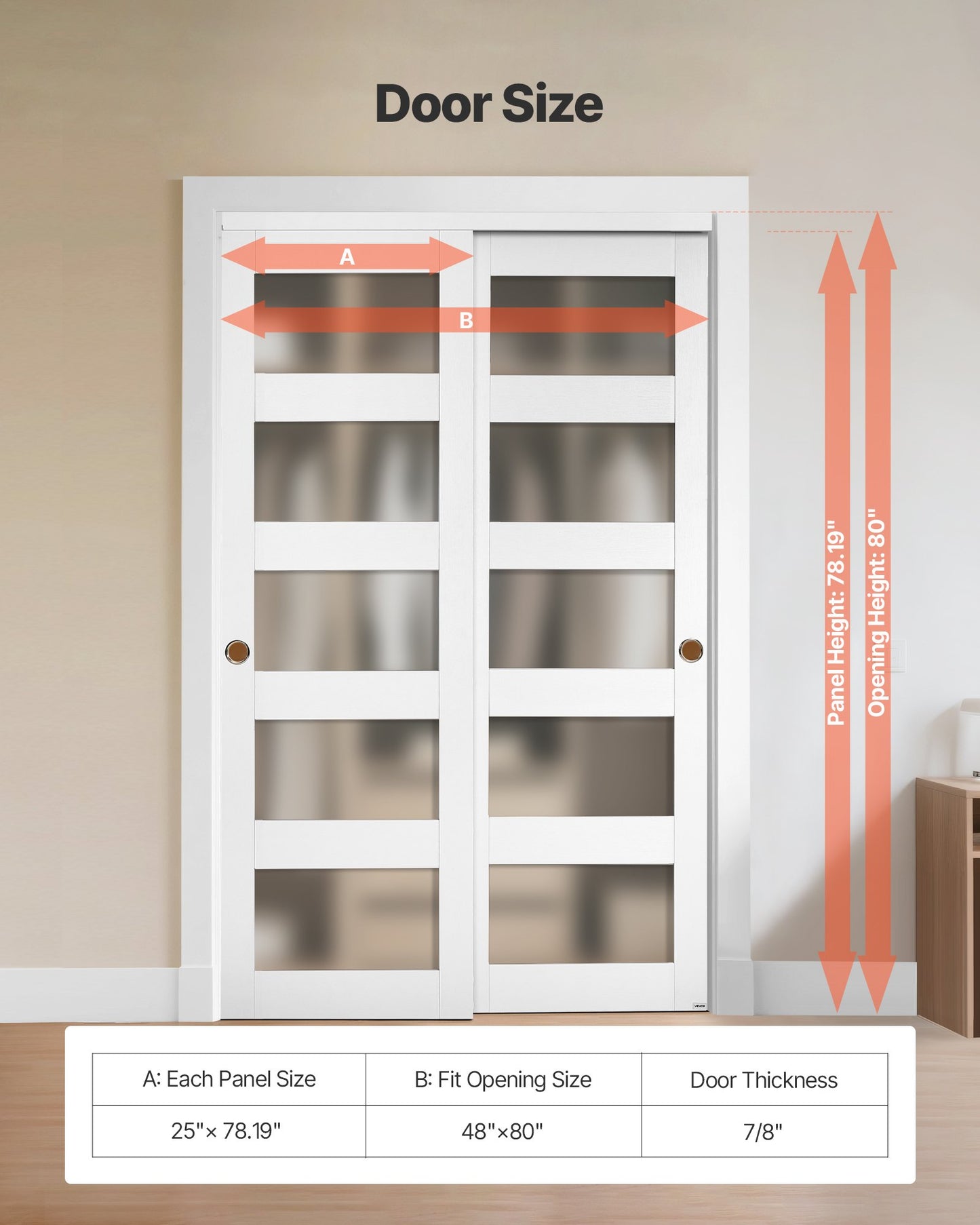 Skjutdörr till garderob, 1219 mm (dubbel 635 mm) x 2032 mm, 5-liters frostat glas med bypass-skjutdörrar och beslag, massivt trä och MDF-skiva med vattentät PVC-yta för garderober i sovrum