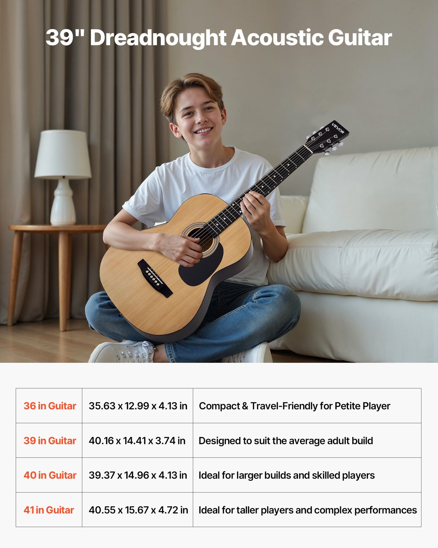 39 in / 990.6 mm Dreadnought Acoustic Guitar Natural Beginner Bundle Gig Bag Adult