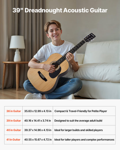 39 in / 990.6 mm Dreadnought Acoustic Guitar Natural Beginner Bundle Gig Bag Adult