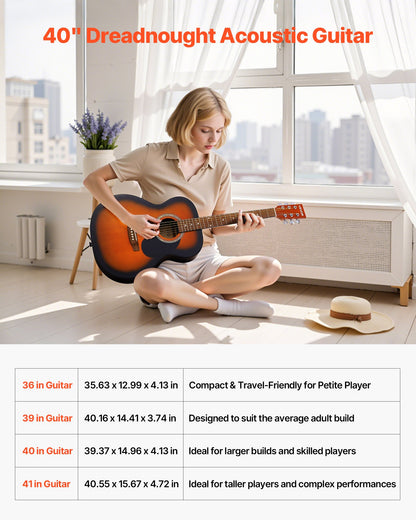 40 in / 1016 mm Dreadnought Acoustic Guitar Beginner Bundle Gig Bag Adult Sunburst