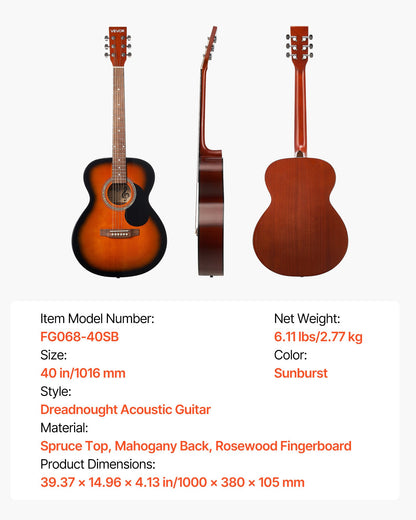 40 in / 1016 mm Dreadnought Acoustic Guitar Beginner Bundle Gig Bag Adult Sunburst