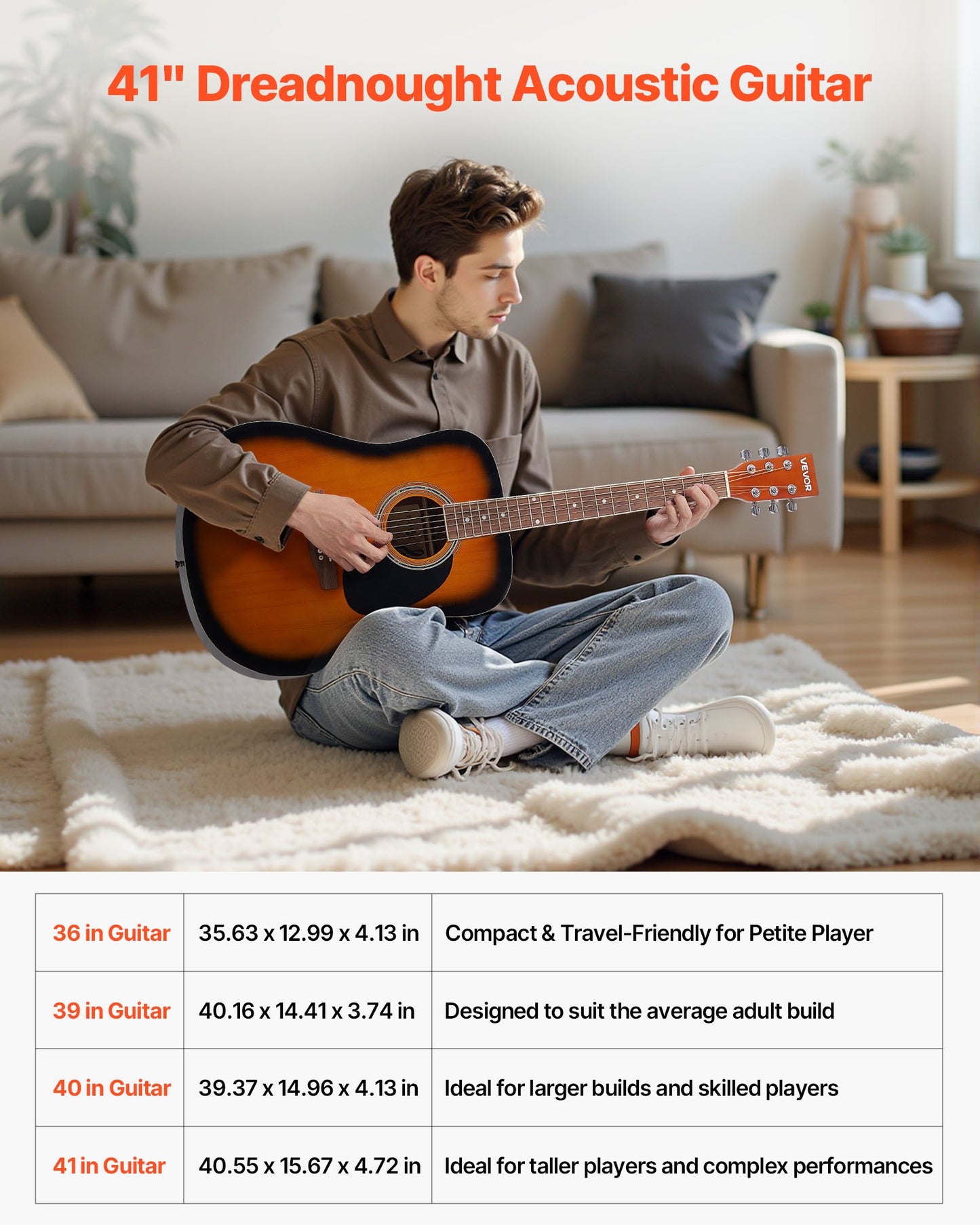 41 tum / 1041,4 mm Dreadnought Akustisk Gitarr Nybörjarpaket Gigbag Vuxen Sunburst