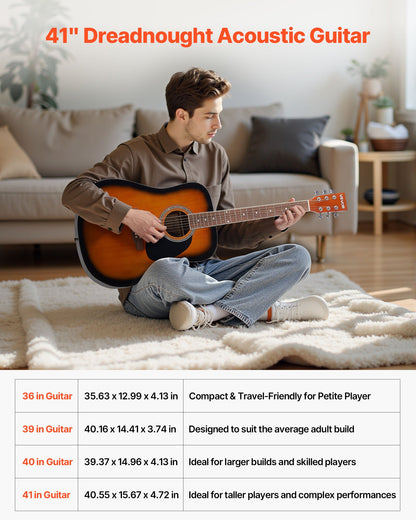 41 tum / 1041,4 mm Dreadnought Akustisk Gitarr Nybörjarpaket Gigbag Vuxen Sunburst