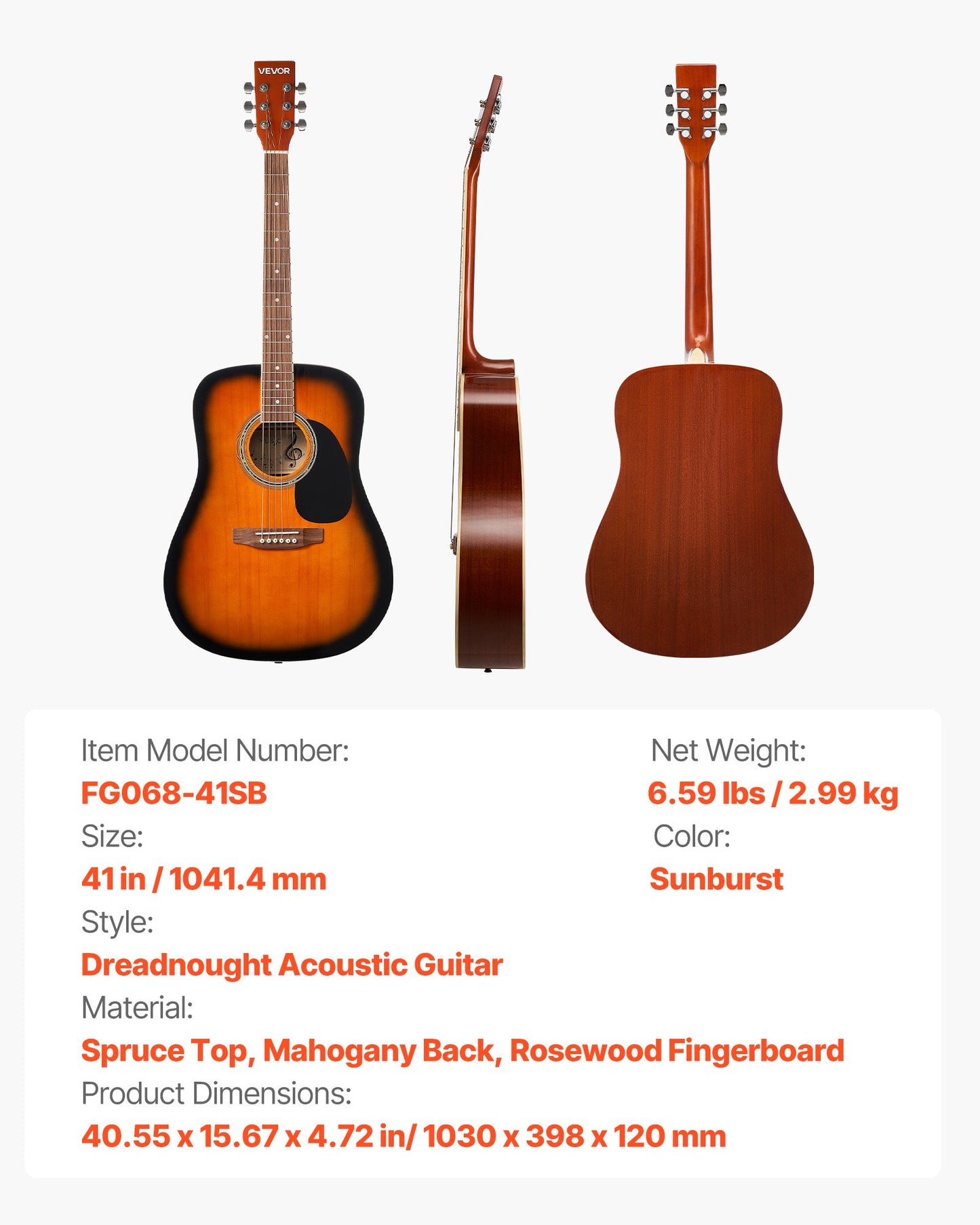 41 tum / 1041,4 mm Dreadnought Akustisk Gitarr Nybörjarpaket Gigbag Vuxen Sunburst
