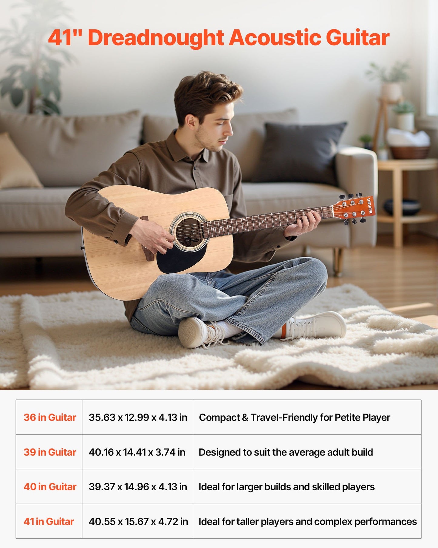 41 in / 1041,4 mm Dreadnought Acoustic Guitar Natural Beginner Bundle Gig Bag Adult