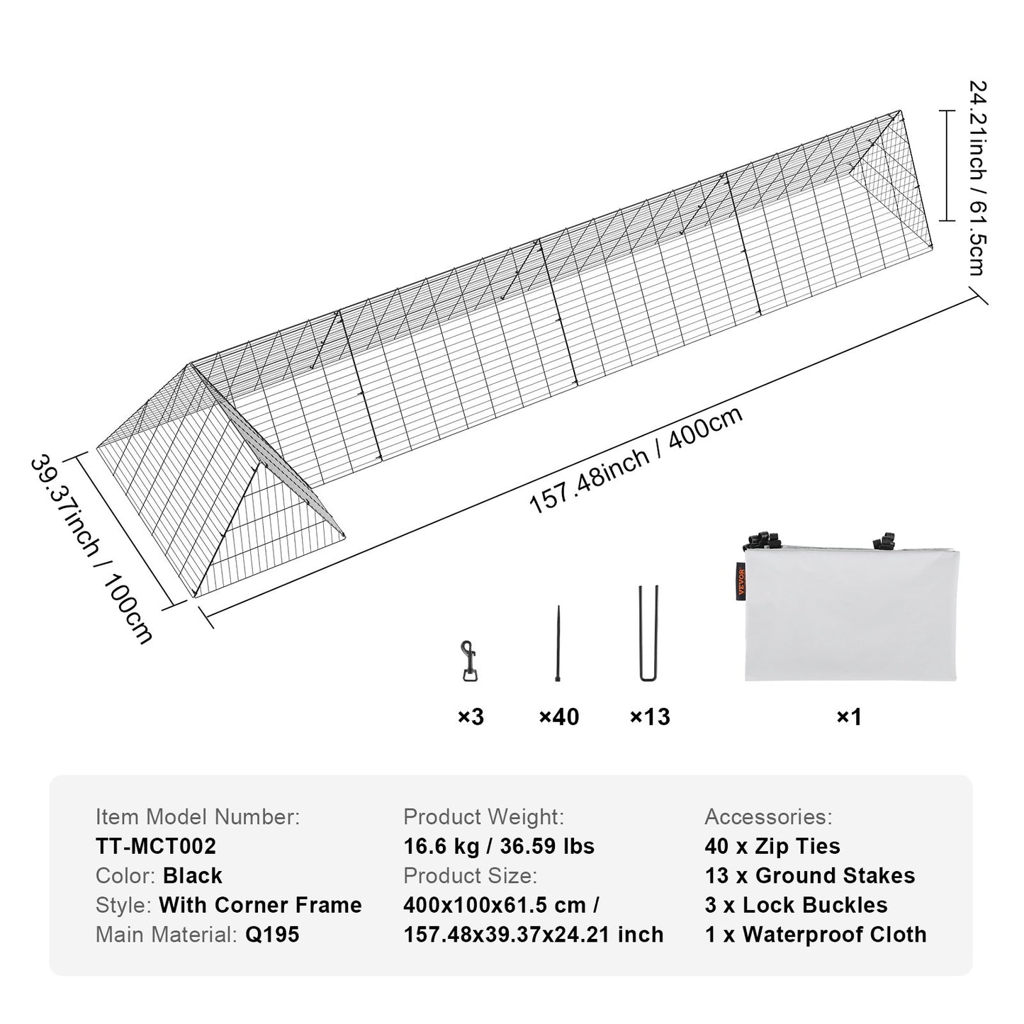 Chicken Tunnels, 157.5 x 39.4 x 24.2 inch(LxWxH) Chicken Tunnels for Yard, Portable Chicken Tunnels for Outside with Corner Frames, Chicken Coop Run, Suitable for Chickens, Ducks, Rabbits