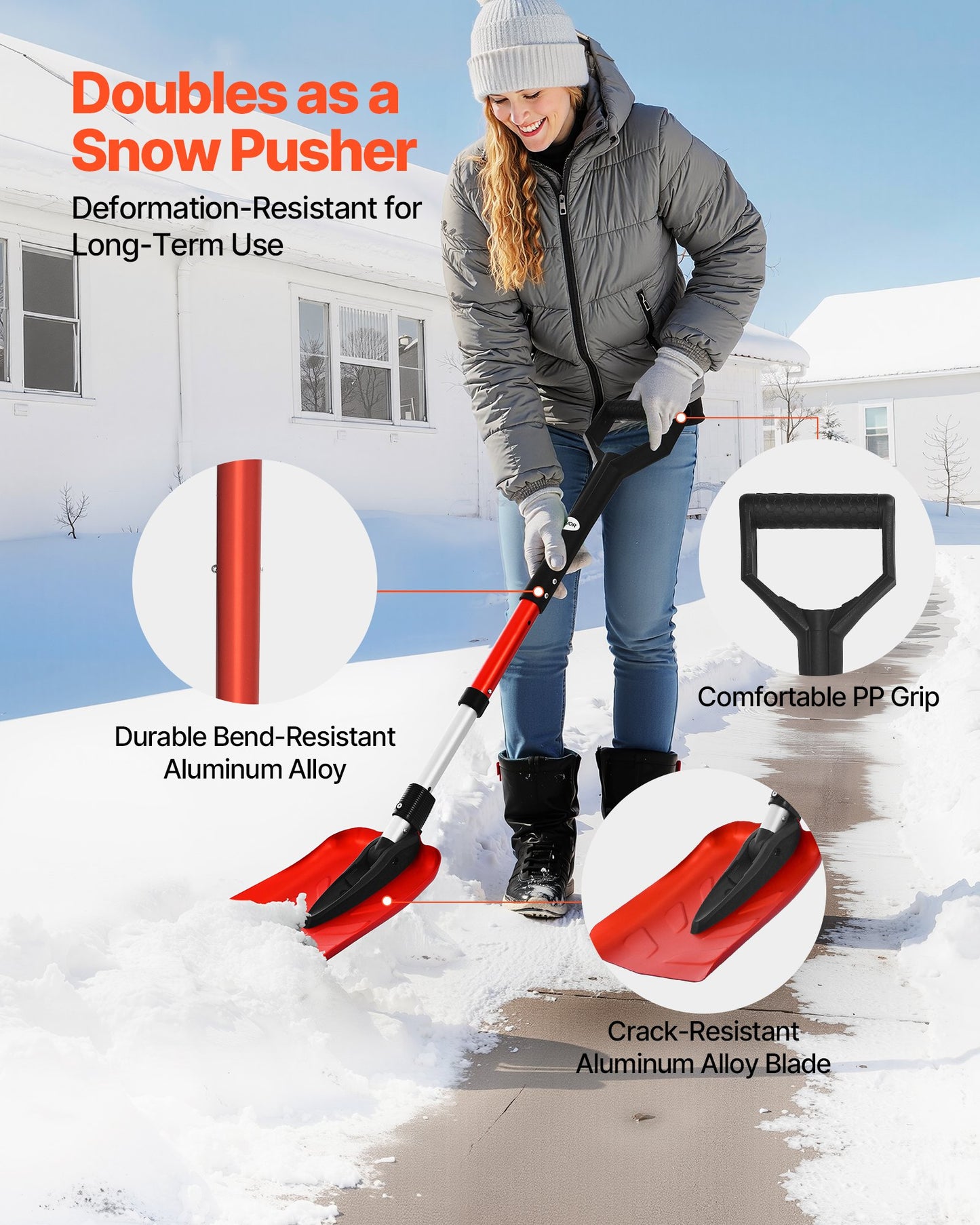 Snöskyffel för uppfart, 22 cm hopfällbar snöskyffel med D-format handtag, , 36-40 tum justerbar, lätt snöborttagningsverktyg i aluminiumlegering, minskar ryggspänningar för trädgård, bilcamping