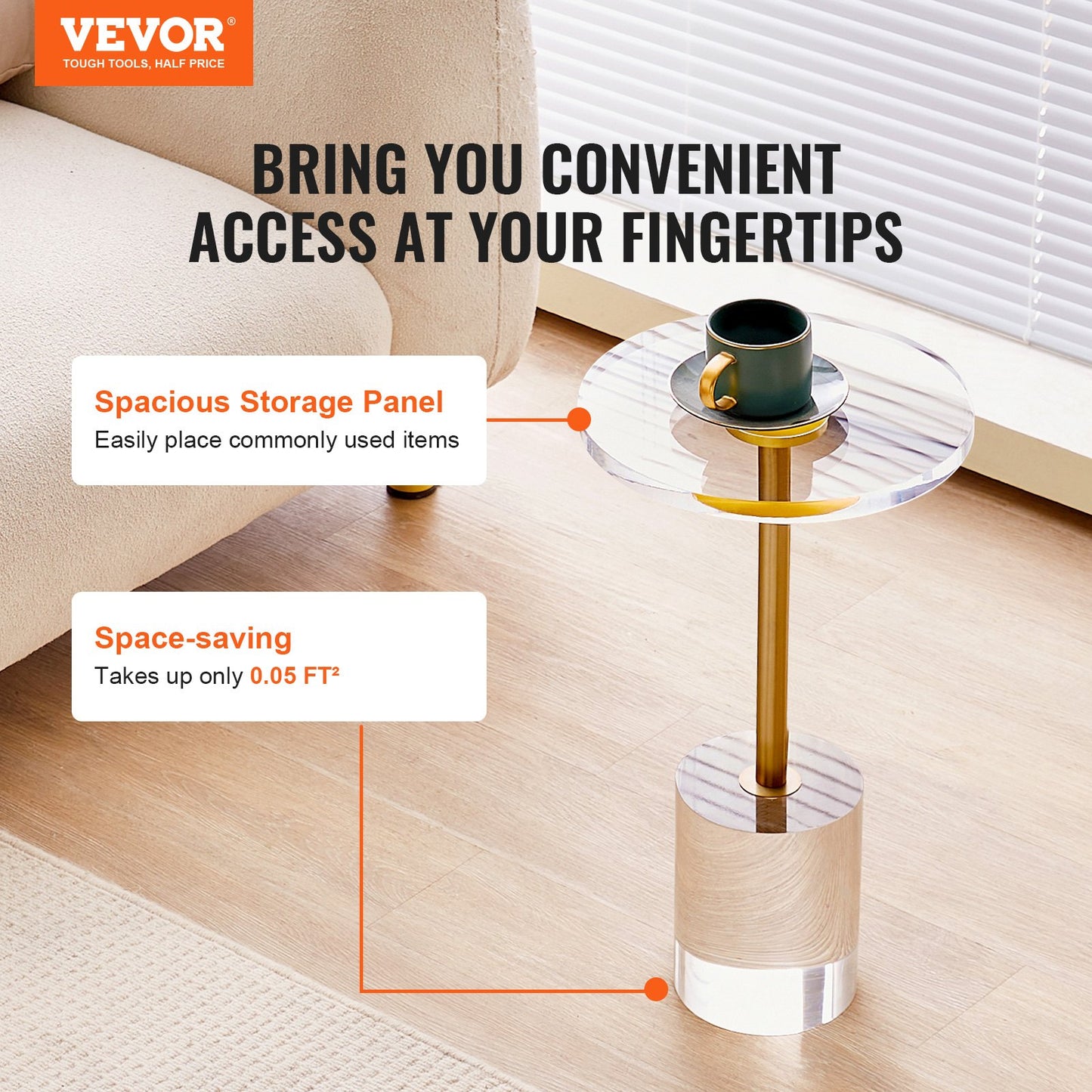 Sidobord i klar akryl, sidobord i akryl med solid bas, rund bordsskiva 28 x 28 cm, 54 cm hög, för kaffe, dryck, mat och snacks, för vardagsrum, sovrum och arbetsrum