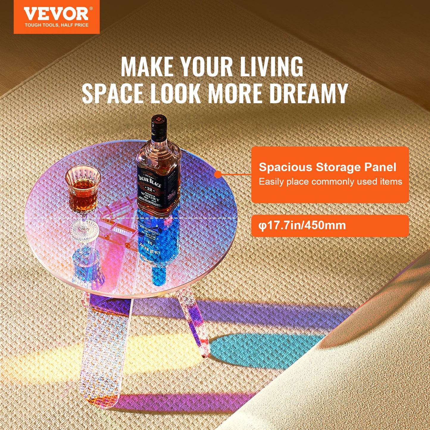 Runt skimrande sidobord, akrylsockbord, klart regnbågsfärgat akrylsockbord för dryck, mat, snacks som används i vardagsrum, sovrum och arbetsrum