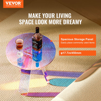 Runt skimrande sidobord, akrylsockbord, klart regnbågsfärgat akrylsockbord för dryck, mat, snacks som används i vardagsrum, sovrum och arbetsrum