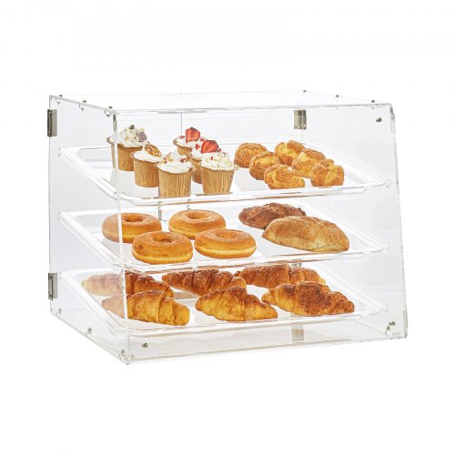 Bakverksdisplay, 3-våningars kommersiell bageridisplay för bänkskiva, akryldisplaylåda med bakdörr och avtagbara hyllor, håller färskheten för munkbagels, kaka, 52,6 x 36,1 x 41,4 cm