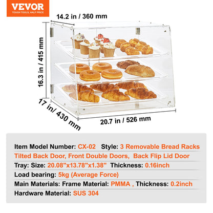 Bakverksdisplay, 3-våningars kommersiell bageridisplay för bänkskiva, akryldisplaylåda med bakdörr och avtagbara hyllor, håller färskheten för munkbagels, kaka, 52,6 x 36,1 x 41,4 cm