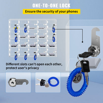 Förvaringsskåp för mobiltelefoner, 20 fack i akrylmaterial med dörrlås och nycklar, väggmonterad ficka för kontor, klassrum, gymbox, genomskinlig