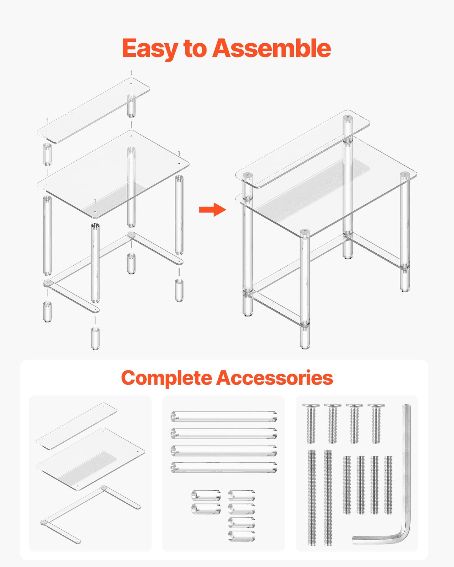 Akrylbord, 2 nivåer genomskinligt kontorsskrivbord med skärmstativ, akrylstudiedatorskrivbord, modernt sidobord nattduksbord för sovrum, kontor, arbetsrum, garderob, 50 x 80 x 88 cm (genomskinlig)