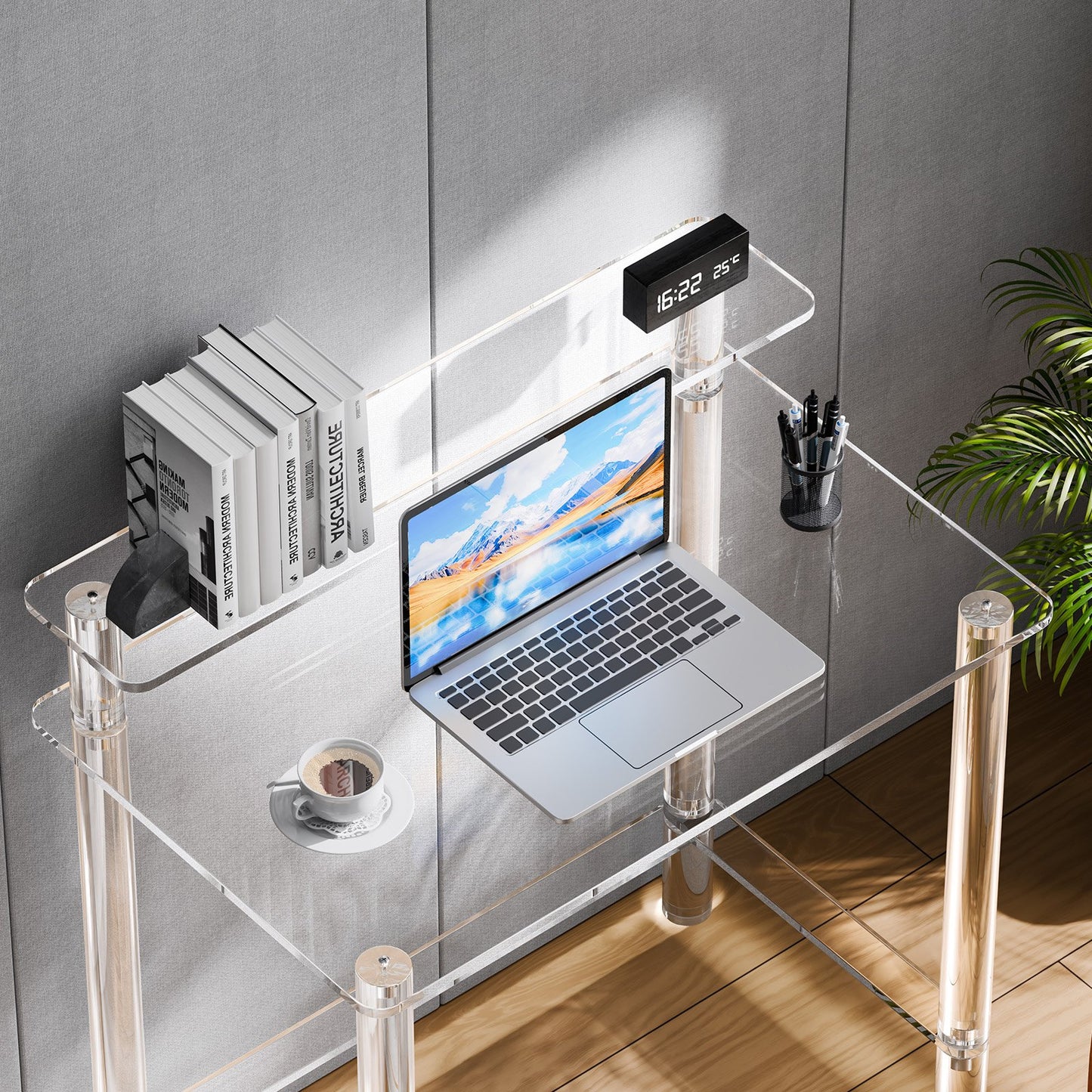 Akrylbord, 2 nivåer genomskinligt kontorsskrivbord med skärmstativ, akrylstudiedatorskrivbord, modernt sidobord nattduksbord för sovrum, kontor, arbetsrum, garderob, 50 x 80 x 88 cm (genomskinlig)