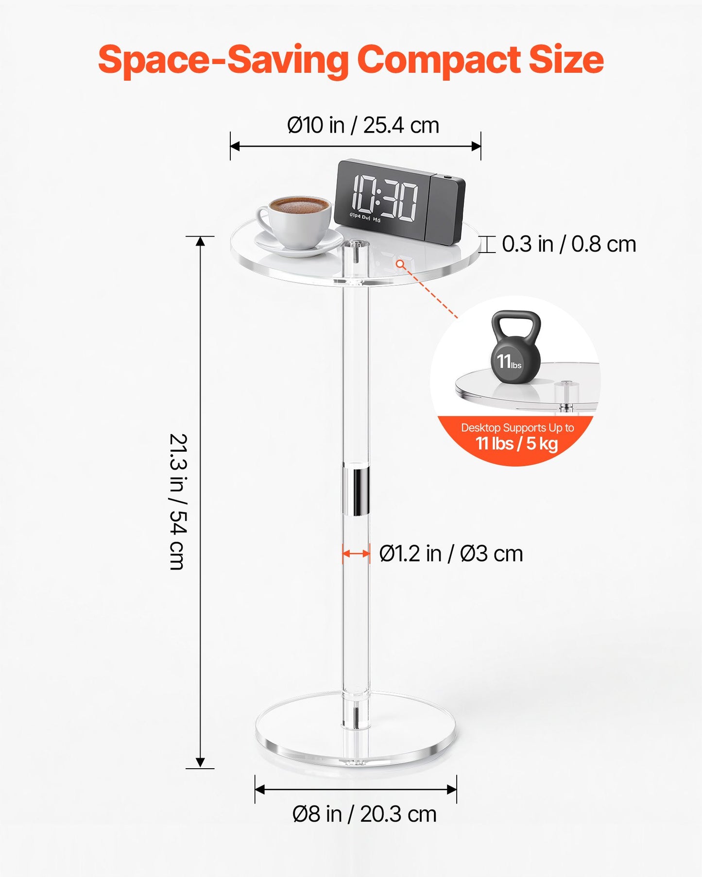 Akryl drinkbord, genomskinligt sidobord runt med solid stolpe, modernt akryl tårtbordsställ, genomskinligt sidobord för kaffe, dryck, mat, snacks, enkel montering, 25,4 x 25,4 x 54 cm (genomskinlig)