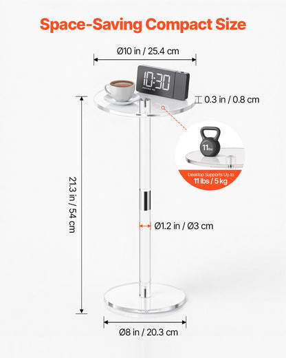 Akryl drinkbord, genomskinligt sidobord runt med solid stolpe, modernt akryl tårtbordsställ, genomskinligt sidobord för kaffe, dryck, mat, snacks, enkel montering, 25,4 x 25,4 x 54 cm (genomskinlig)