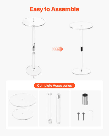Akryl drinkbord, genomskinligt sidobord runt med solid stolpe, modernt akryl tårtbordsställ, genomskinligt sidobord för kaffe, dryck, mat, snacks, enkel montering, 25,4 x 25,4 x 54 cm (genomskinlig)