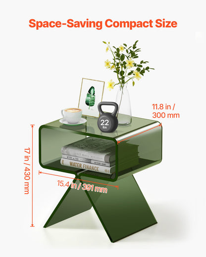 Nattduksbord i akryl, modernt, genomskinligt sängbord med förvaringshylla, transparent litet ändskrivbord för vardagsrum, sovrum, heminredning, ingen montering behövs, 30 x 39,1 x 43 cm (grön)