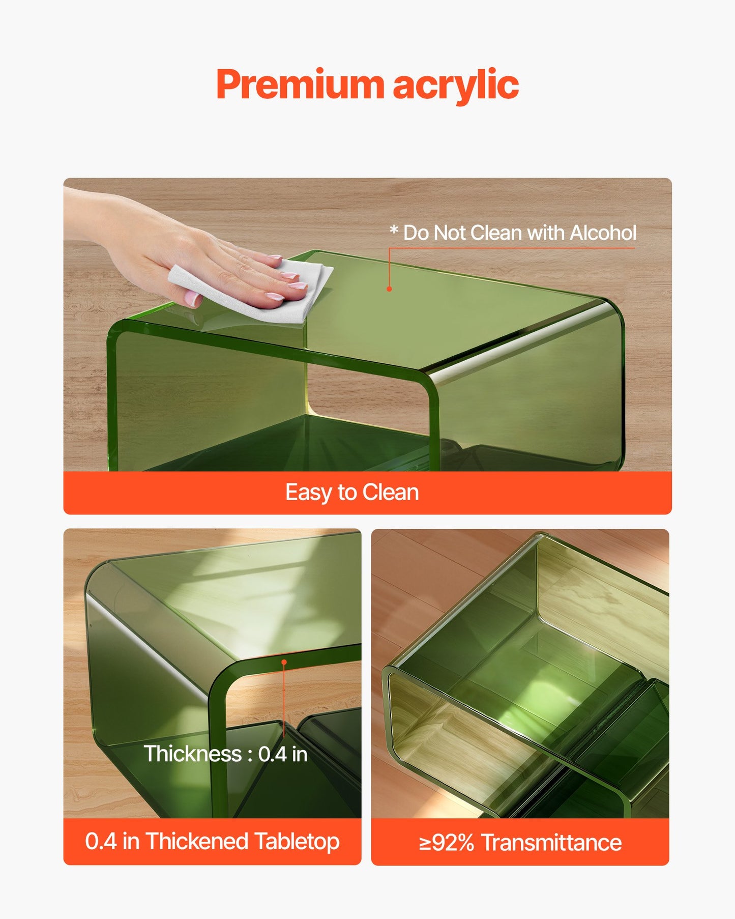 Nattduksbord i akryl, modernt, genomskinligt sängbord med förvaringshylla, transparent litet ändskrivbord för vardagsrum, sovrum, heminredning, ingen montering behövs, 30 x 39,1 x 43 cm (grön)