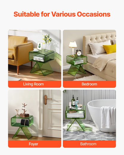 Nattduksbord i akryl, modernt, genomskinligt sängbord med förvaringshylla, transparent litet ändskrivbord för vardagsrum, sovrum, heminredning, ingen montering behövs, 30 x 39,1 x 43 cm (grön)